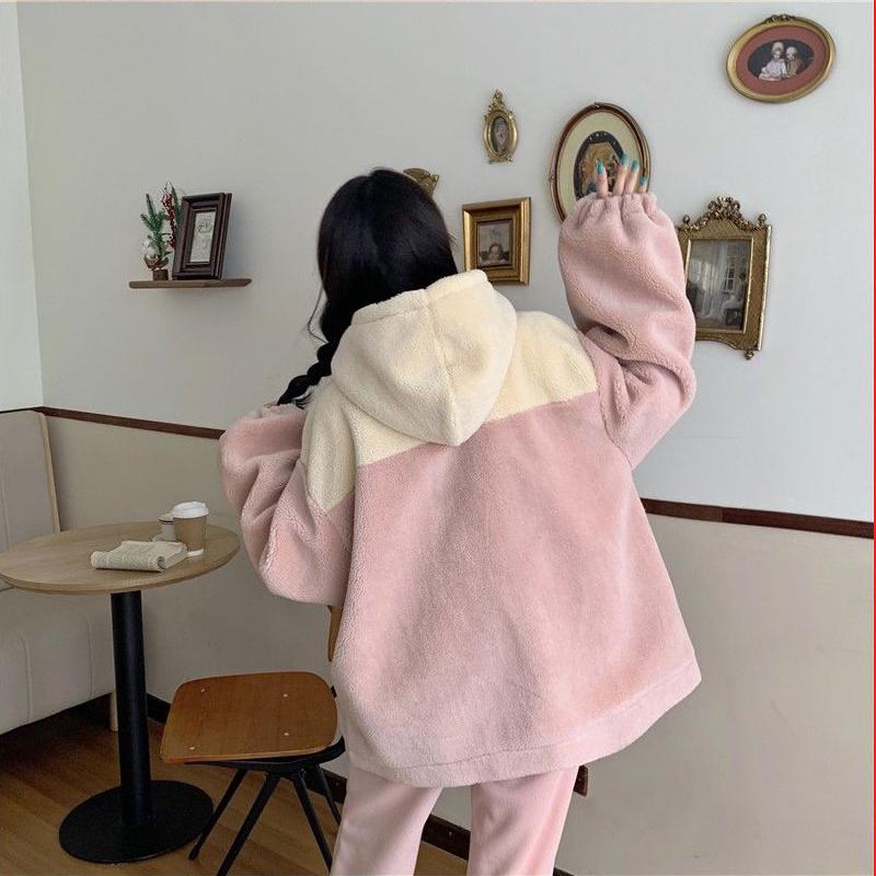 Japanese Cute Faux Lamb Wool Cardigan Sweater Women Loose Plus Velvet Thick BF Jacket Ladies Hooded Warm Top Coat