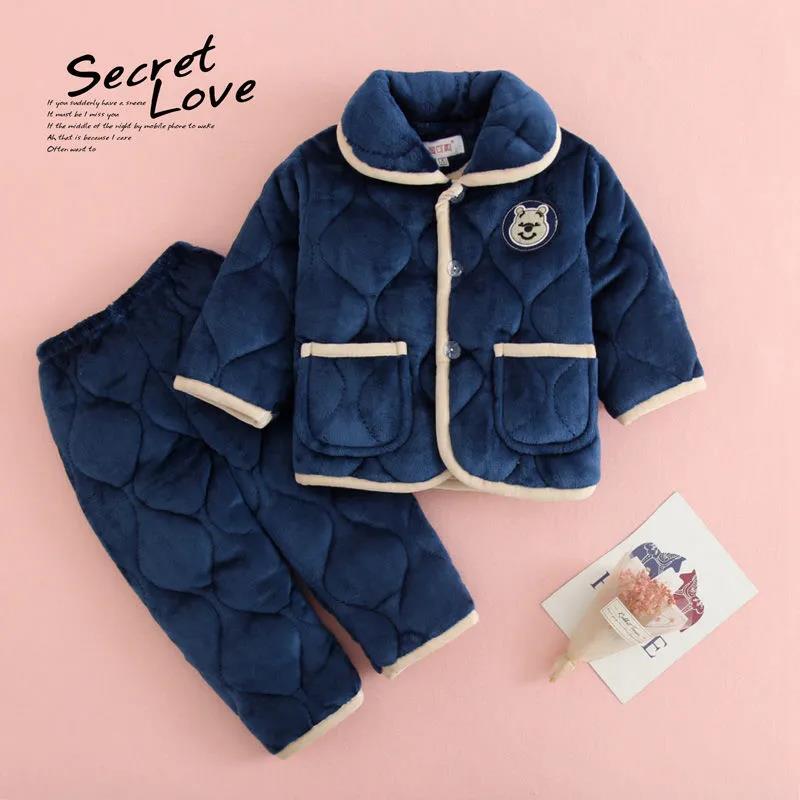 Winter Children's Three-layer Quilted Pajamas Flannel Girls and Boys Coral Fleece Suit Baby Thickened Solid Color Home Service