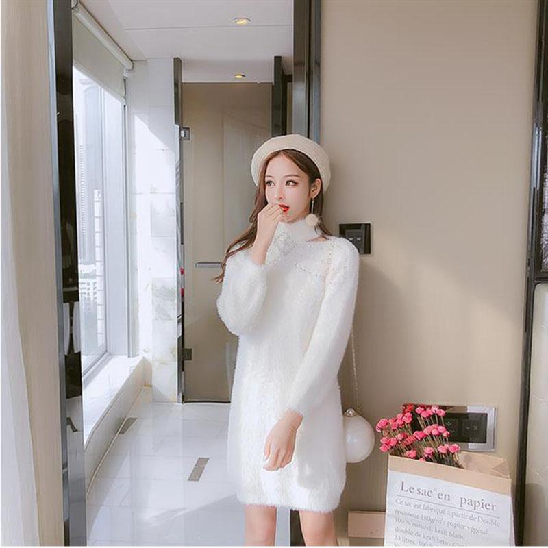 Autumn and Winter Temperament All-match Dress Beaded Mohair Knitted Sweater Dress Loose Mid-length Female Base Dress