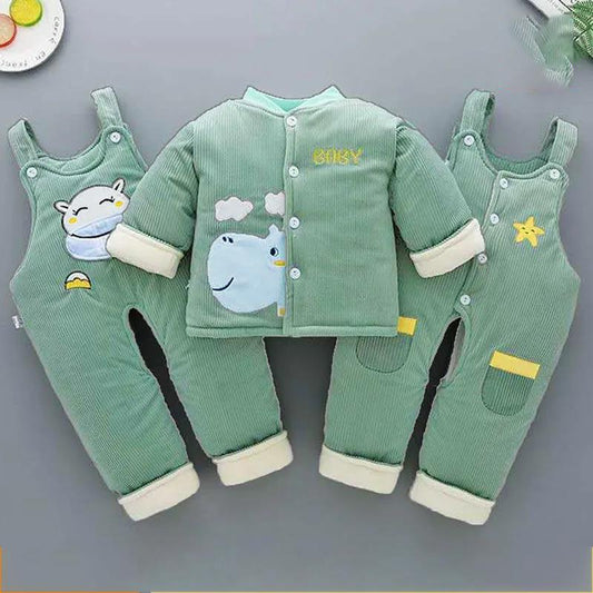 Baby Winter Cotton Three-piece Baby Clothes Plus Velvet Thickening Autumn and Winter Warm Suspenders Out of Cotton Clothing Suit