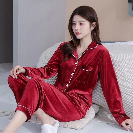 Women's Spring Autumn Gold Velvet Pajamas Set Lapel Button Simple Pyjamas Solid Long-sleeved Homewear Two-piece Set Comfortable Loose Sleeping Suit