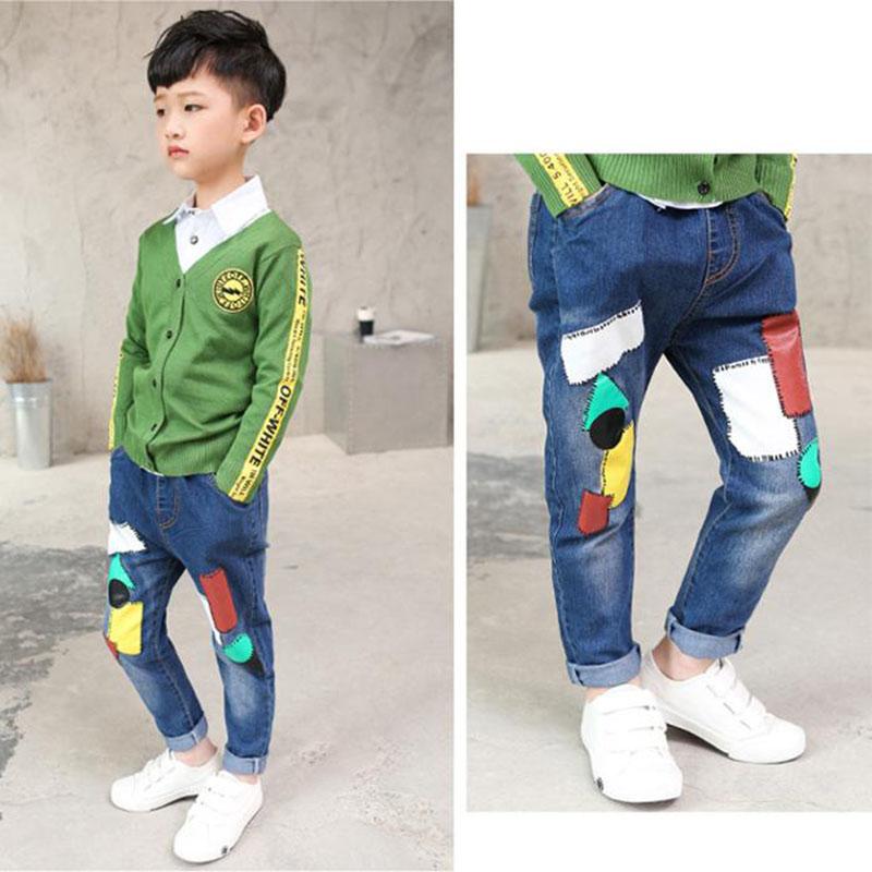 Spring and Autumn Boy and Girl Jeans Pants Children's Wear Korean Casual Pants Printing Baby Jeans Thin Ripped Jeans