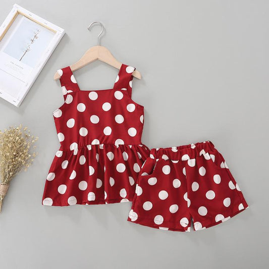 Children's Suit Girls Summer Korean Style Polyster Dot Sling Sleeveless Skirts Shorts Two Piece Set