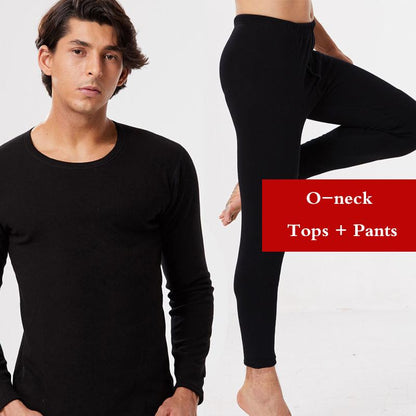 Men Winter Windproof Thermal Underwear Plus Velvet Thickened O-neck Warm V-neck Tops Pants Male Tight Suit Soft Lining Long Sleeve High elasticity