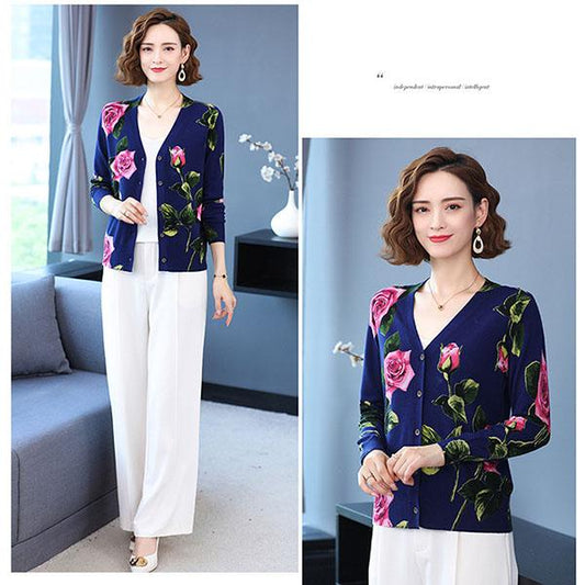 Rose Print Cardigan Women Spring Autumn Winter Loose Plus Size Sweater Coat Elegant Wool Cardigan