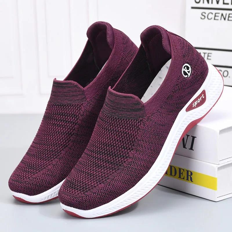 Women's Slip on Flat Shoes Non-slip Soft Bottom Breathable Mesh Knitted Sneakers Casual Sports Shoes Spring and Autumn Outdoor Walking Shoes