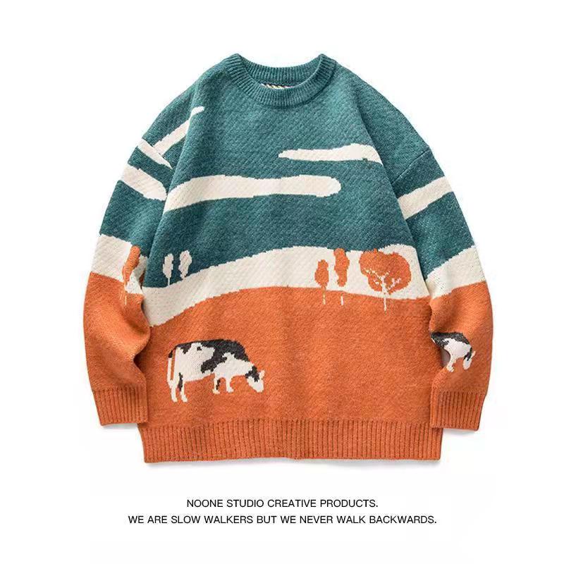 Men's Cow Retro Winter Sweater Pullover Men's O-neck Korean Fashion Sweater Women's Casual Harajuku Clothes