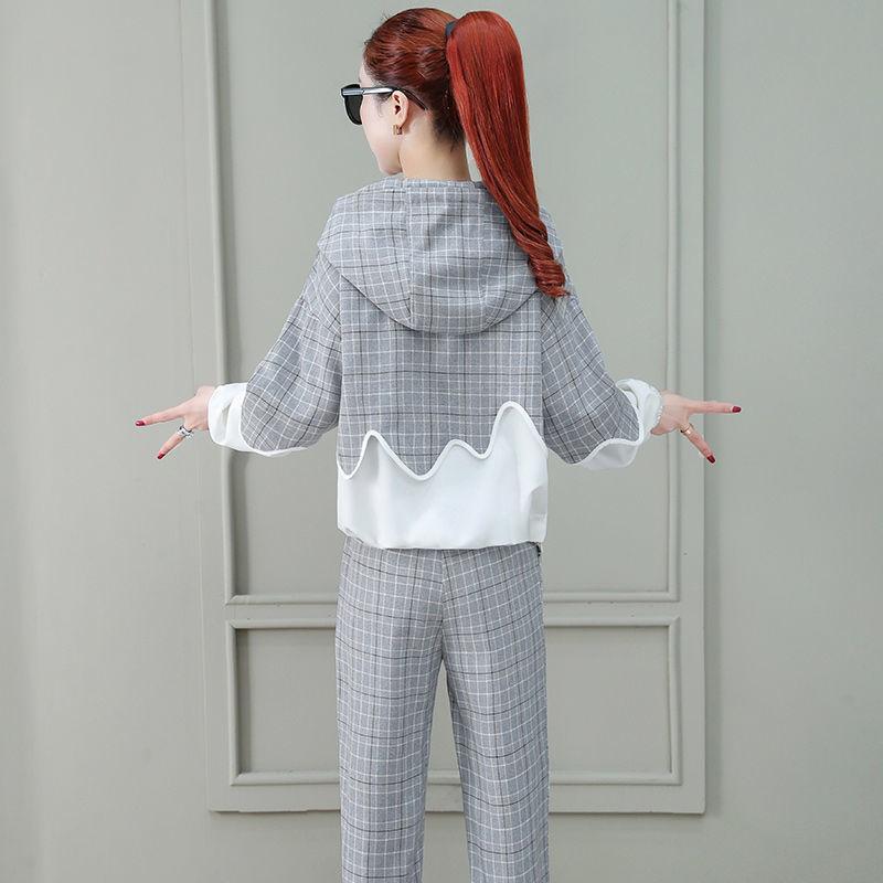 2pcs/set Women Sweatshirt Set Drawstring Plaid Sweatshirt Hoodies+Pants 2 Piece Set Women's Sports Suit Female Sportwear Hoodies Suit