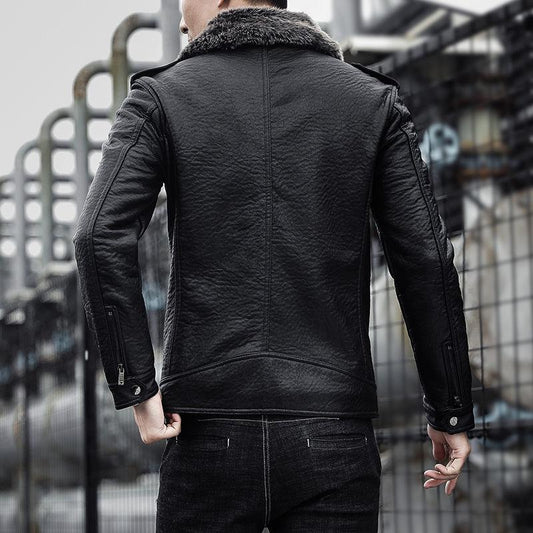 Young Men's Slim Men's Leather Jacket Autumn and Winter Fashion Trend Plus Velvet Thick Lamb Wool Jacket