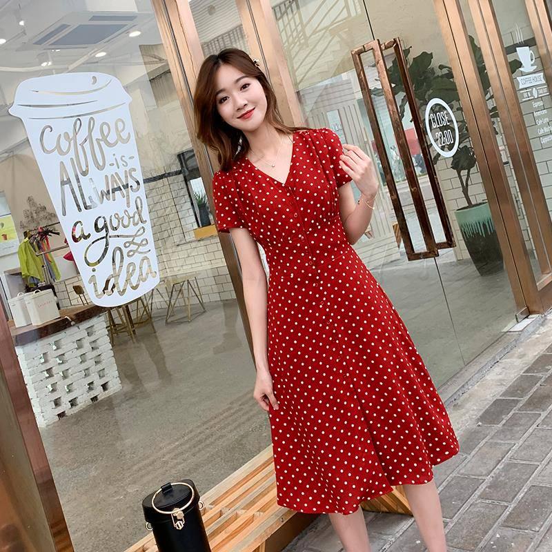 Vintage Dress French Style Polka Dot Midi Dress Long Sleeve High Waisted Retro Holiday Dress Women