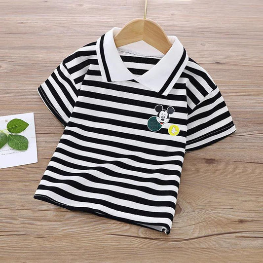 Girl and Boys Summer Striped T-shirts Children's Fake Two Pieces of Pure Cotton Short-sleeved Children's Lapel Polo Shirt