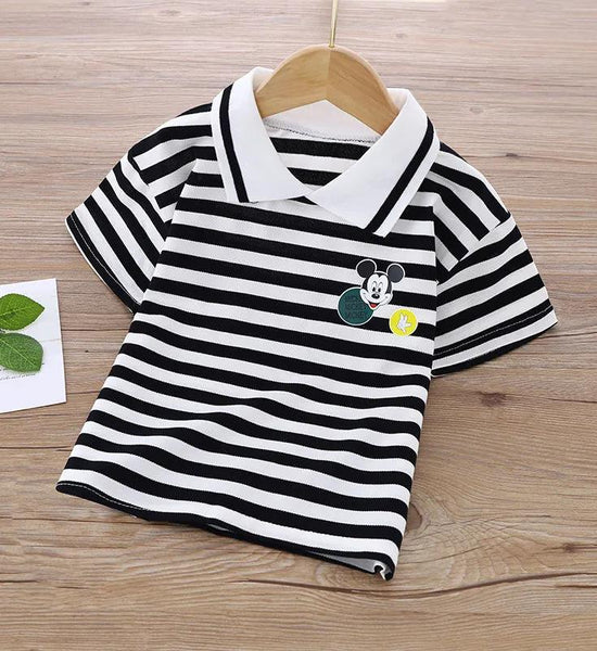 Girl and Boys Summer Striped T-shirts Children's Fake Two Pieces of Pure Cotton Short-sleeved Children's Lapel Polo Shirt