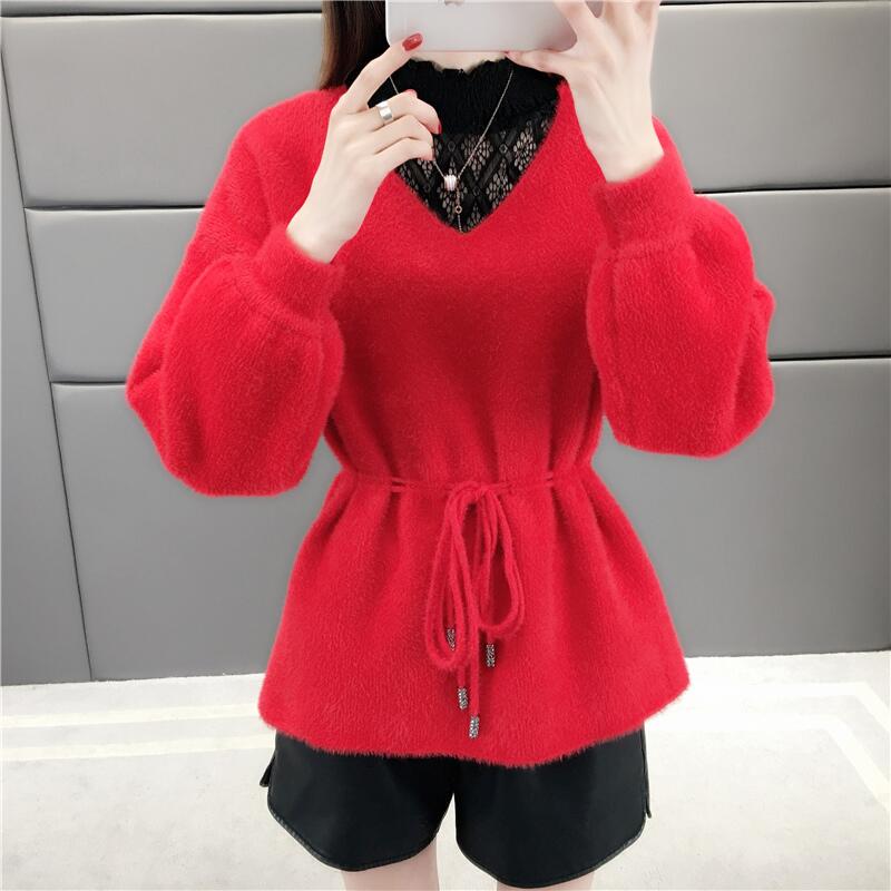 Casual Autumn Winter Lace Up Sweater Women Mohair Knitted Sweaters Warm Long Sleeve Pullover Sweater