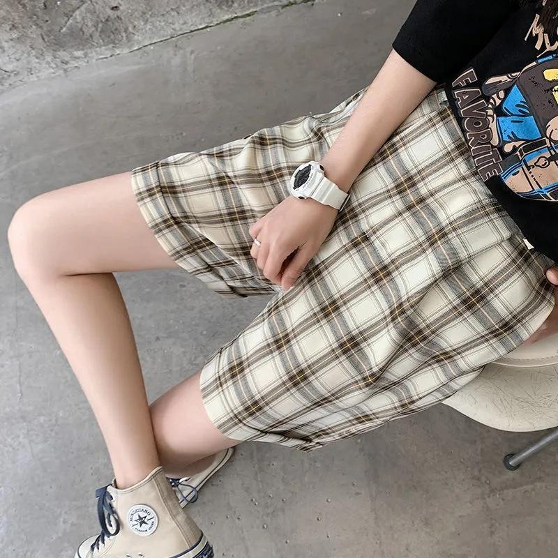 Women's Summer Loose Casual Shorts Ins Plaid All-match Student Sports Short Pants Wide-legged Thin Five-point Pants