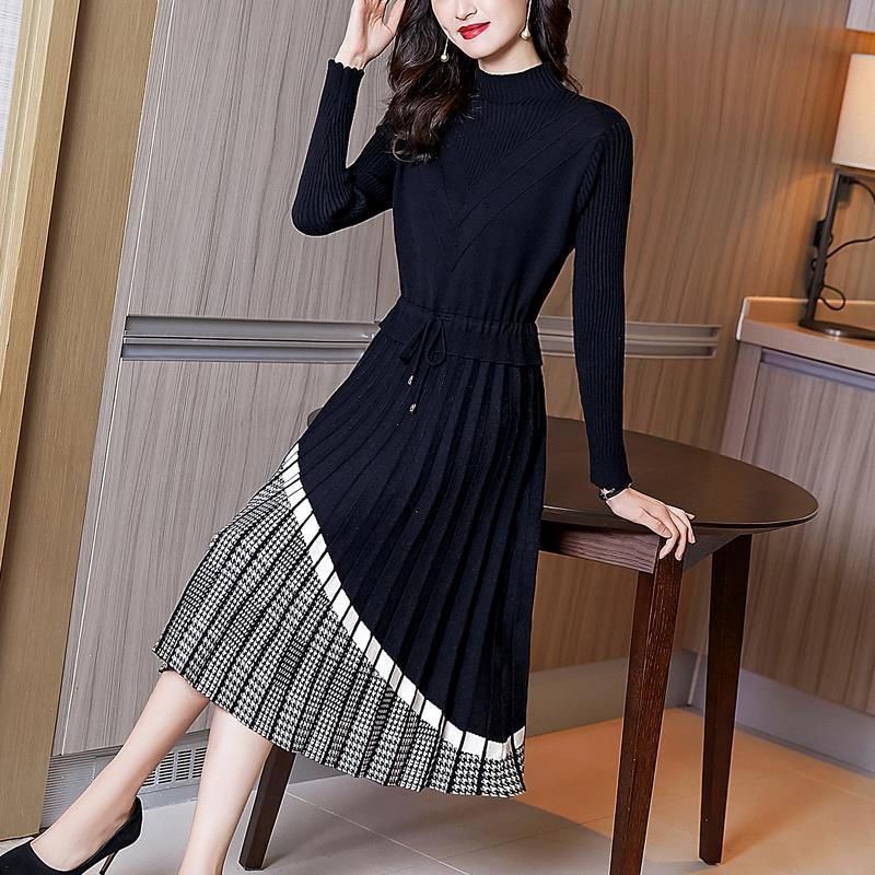 Sweater Dress Women Mid-length Winter Slim A-line Skirt with Coat Over The Knee Half High Collar Dress