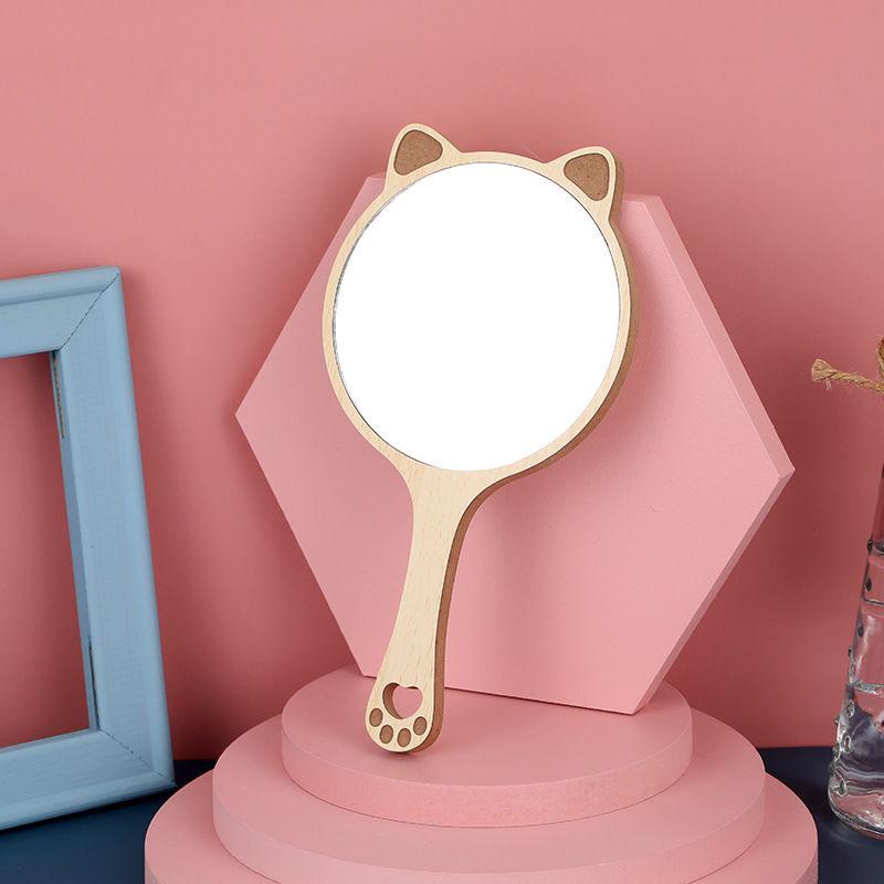 Wooden Cute Women Hand-held Makeup Mirror Portable HD Travel Long Handle Various Animal Shape