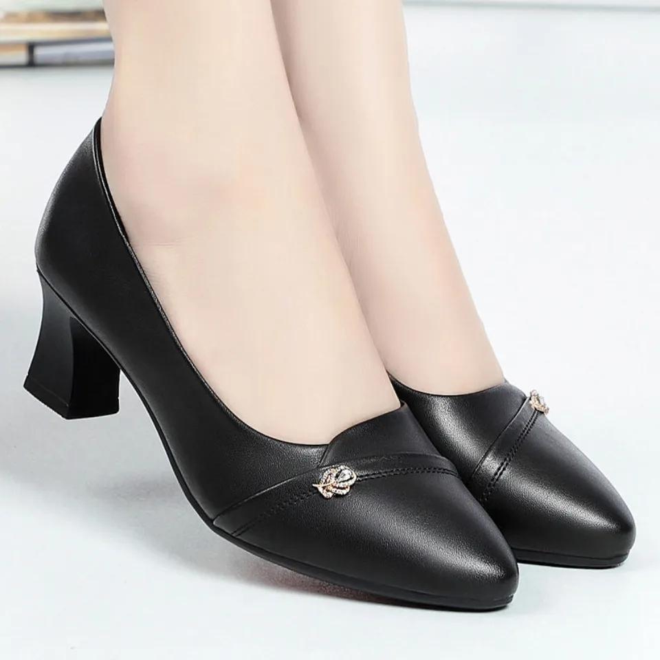 High Heels Single Shoes Women's Leather Shoes Spring and Summer Mid-heel Chunky Heels Casual Shoes Pointed Shoes