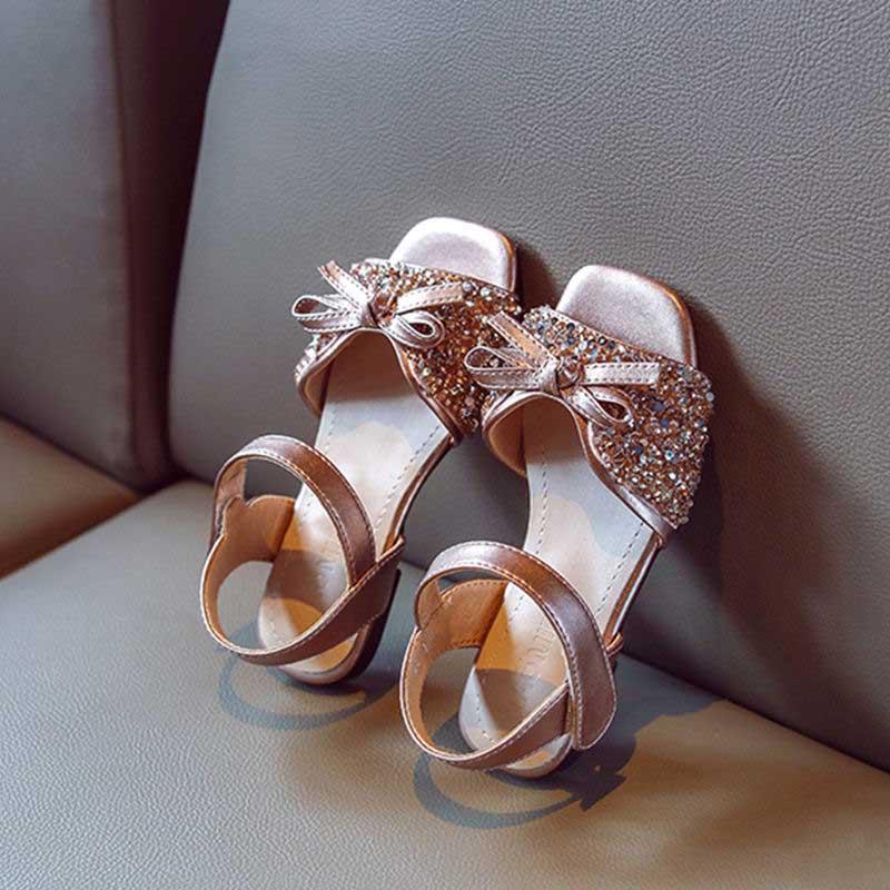 Summer Girls Flat Sandals Flash Children Girls High Heels Bow Leather Shoes Kids Princess Dance Shoes Princess Non-slip Crystal Sandals Size 26-36