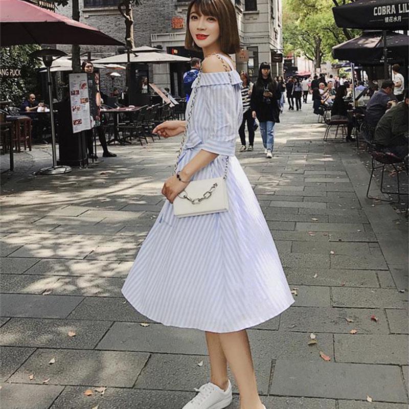 Pofulove Striped shirt dress summer women's midi loose off-shoulder pleated strap dress with belt