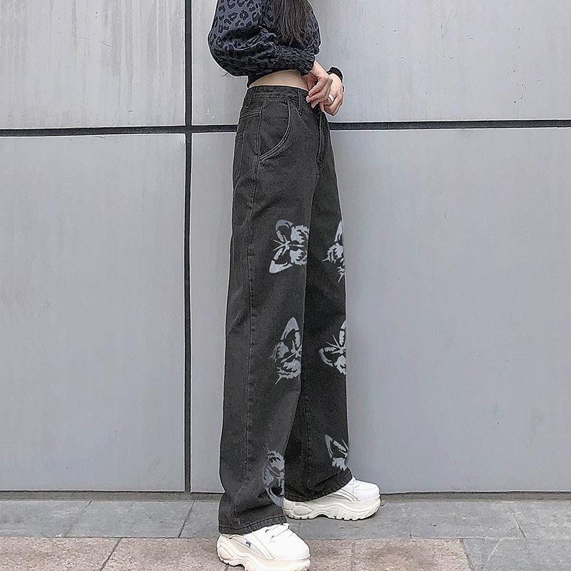 Butterfly Print Straight-leg Jeans Vintage Jeans Loose Streetwear Women's High-waisted Slim and Versatile Drape Loose Mopping Casual Pants