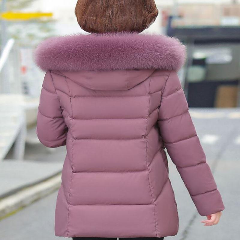 Winter Down Cotton Jacket Fashion Fur Collar Hooded Mid-length Jacket Thick Warm Cotton Jacket Suitable for Middle-aged Women