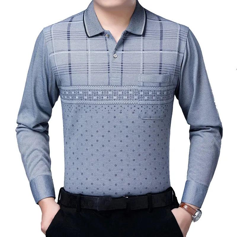 Men's Cotton Plaid Printed Polo Shirt Long-sleeved T-shirt Middle-aged Elderly Spring and Autumn Thin Tops Casual Business Lapel Shirts