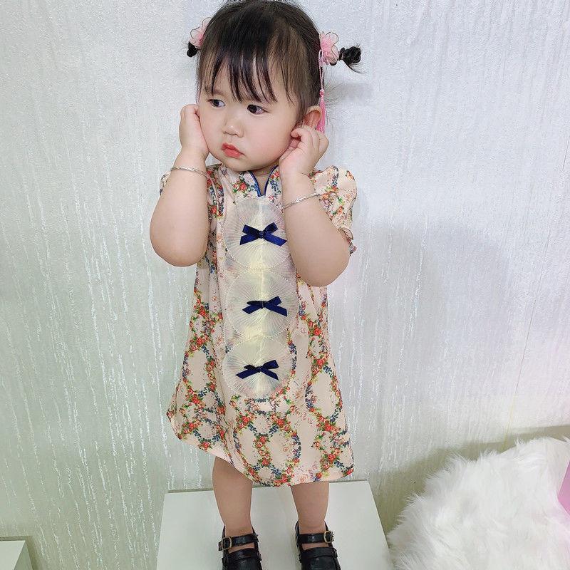 Girls Cheongsam Summer Girl Baby Puff Sleeve Dress Western Style Little Girl Dress