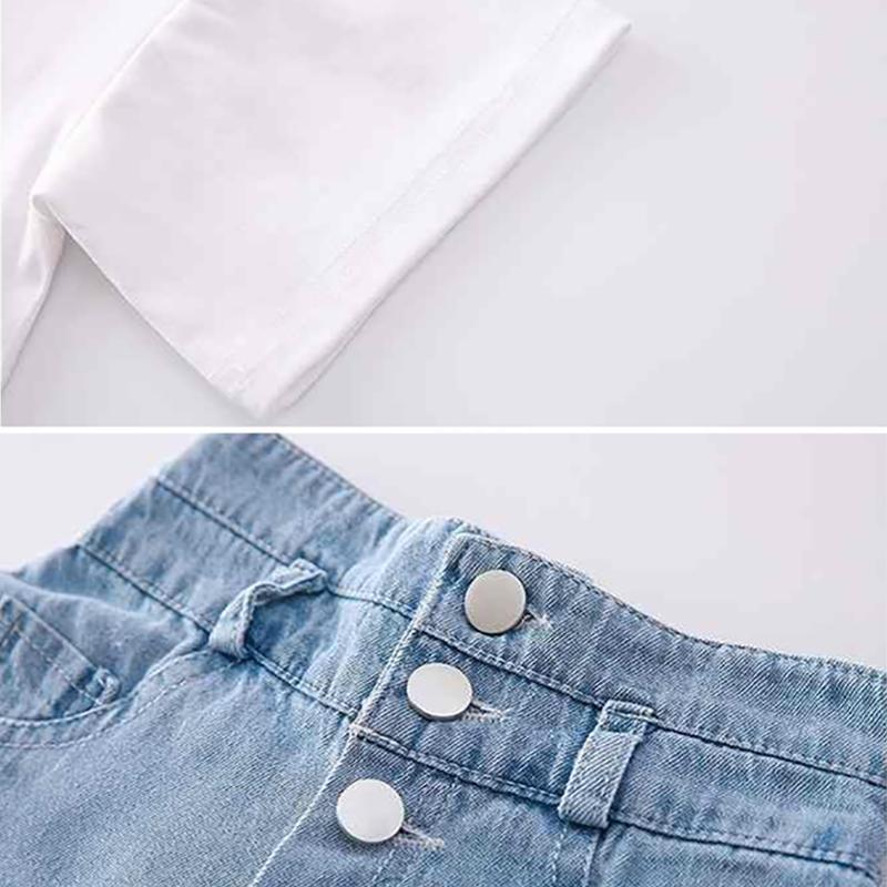 2PCS Children Clothing Set Spring Summer Girls Suits High Waist Denim Shorts Printing Letter Middle Sleeve Tops Clothing Set