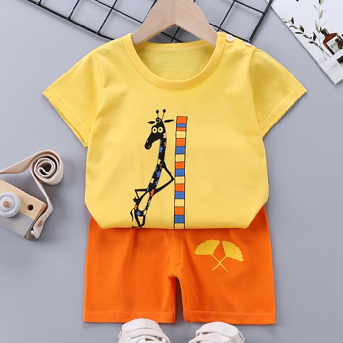 Children's Short Sleeve Suit Korean Style Boys and Girls Set Printing T-shirt + Shorts Two Piece Set