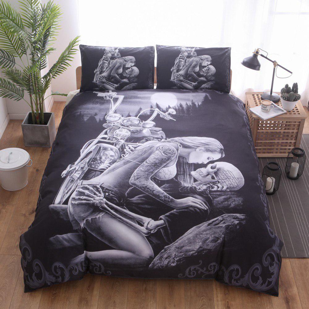 3D Black Motorcycle Skull Printed Duvet Single Bedclothes Cover Set