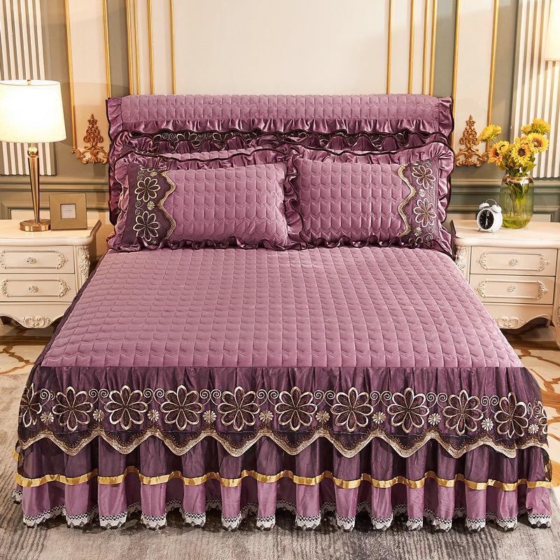 3pcs/set Warm Crystal Velvet Bed Skirt Autumn and Winter Thickening Plus Velvet Non-slip Bedspread Lace Large Bed Sheet