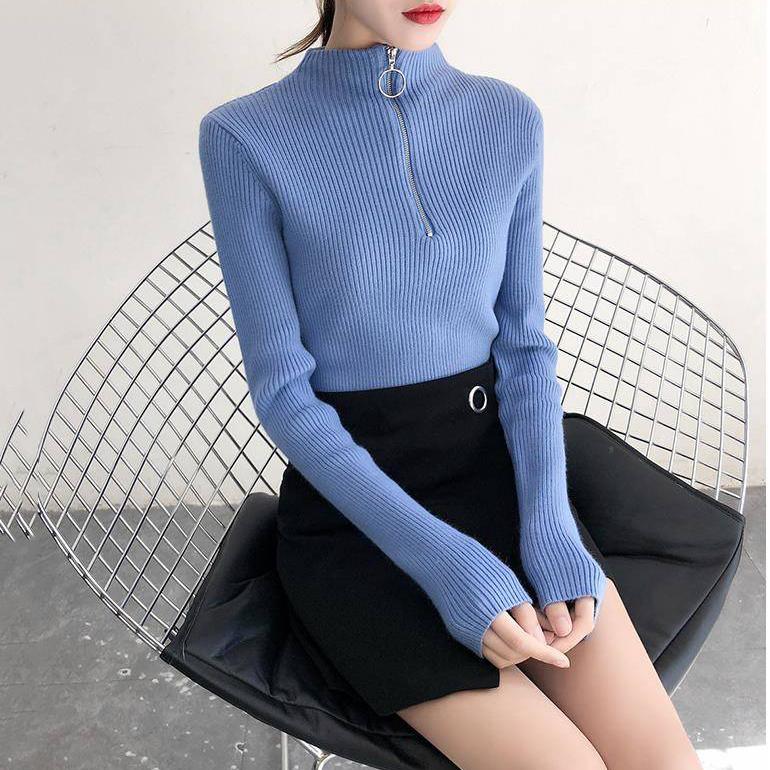 Zipper Turtleneck Women Sweater Solid 2019 Winter Fashion Sweater Ladies Slim Sexy Knitted Pullovers