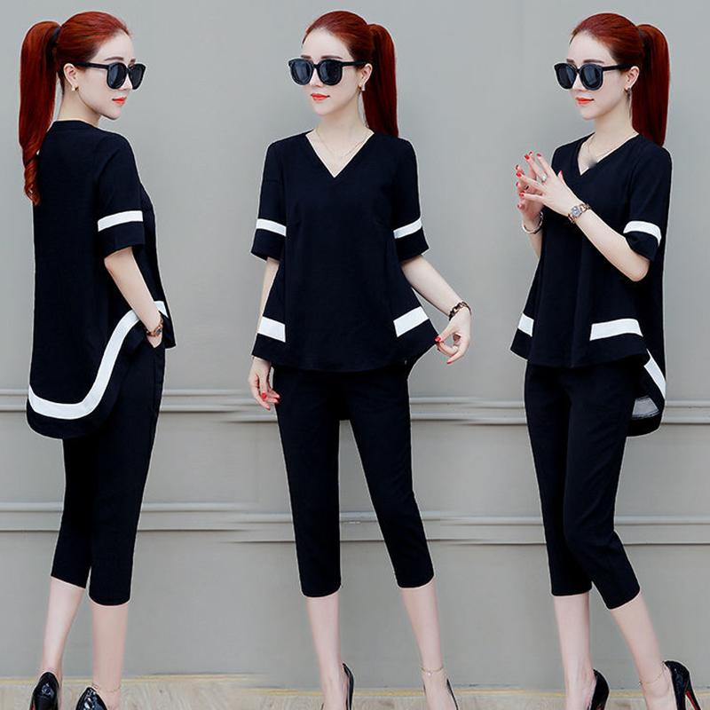 Women's Temperament Slim and Thin Hit Color T-shirt Shorts Chiffon Suit Two-piece V-neck Loose Top Cover Belly and Thin Ladies Temperament Suit