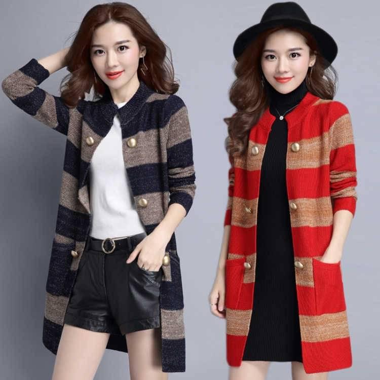 Knitwear Women's Cardigan Stripe Large Size Women's Long Sweater Women's Loose Outer Jacket