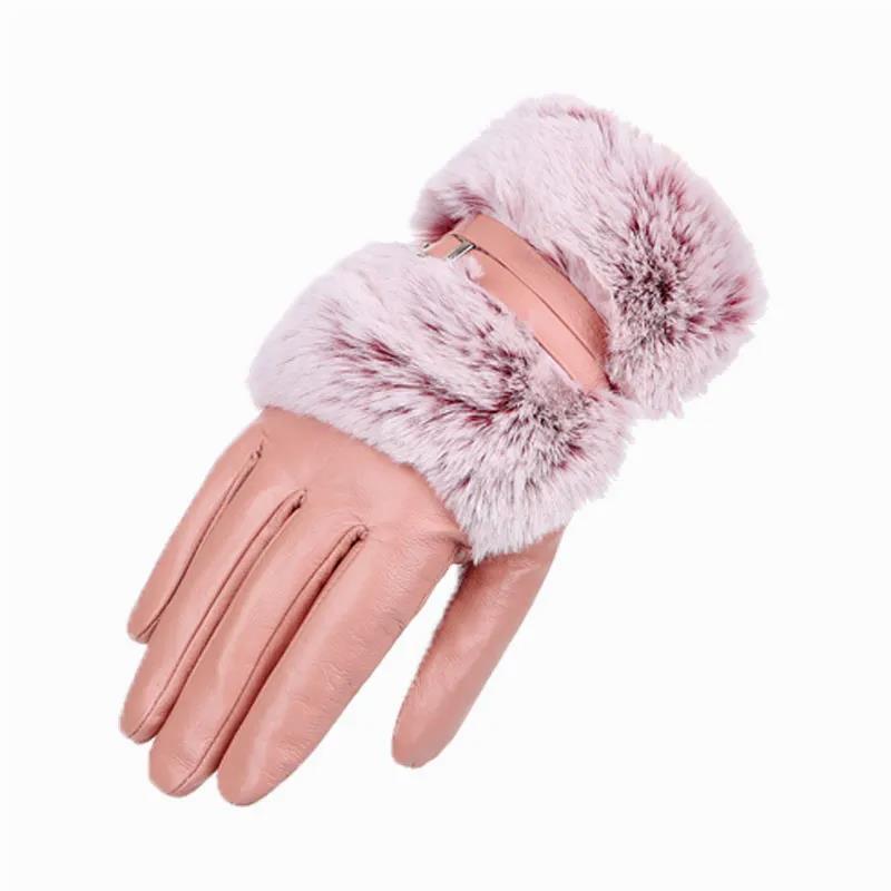 Genuine Leather Ladies Gloves for Autumn and Winter Riding Warm Rex Rabbit Fur Plus Suede Leather Gloves