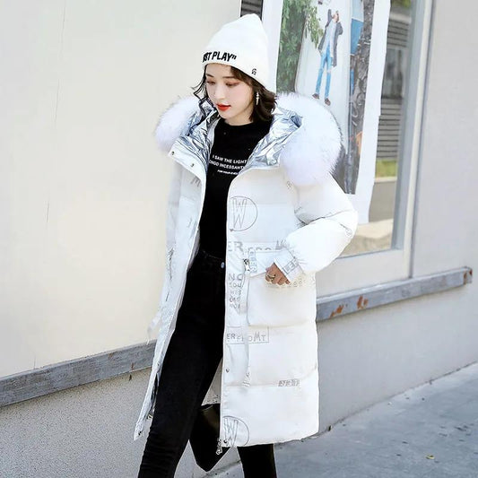 Winter Women's Bright Face Wash-free Down Padded Jacket Korean Style Loose and Thick Mid-length Large Fur Collar Padded Jacket Tide