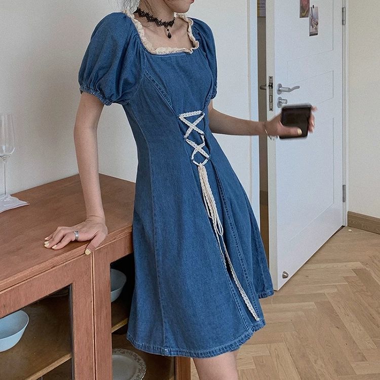 Female Denim Elegant Holiday Dress Lace Up Square Neck Bubble Sleeve Graceful Vintage Party Short Dress