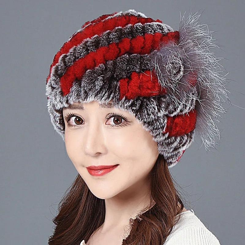 Women's Rex Rabbit Fur Hat Mother's Ear Caps Keep Warm Winter Plush Knitted Woolen Fur Hat High Quality Floral Knitting Hat Windproof Hat