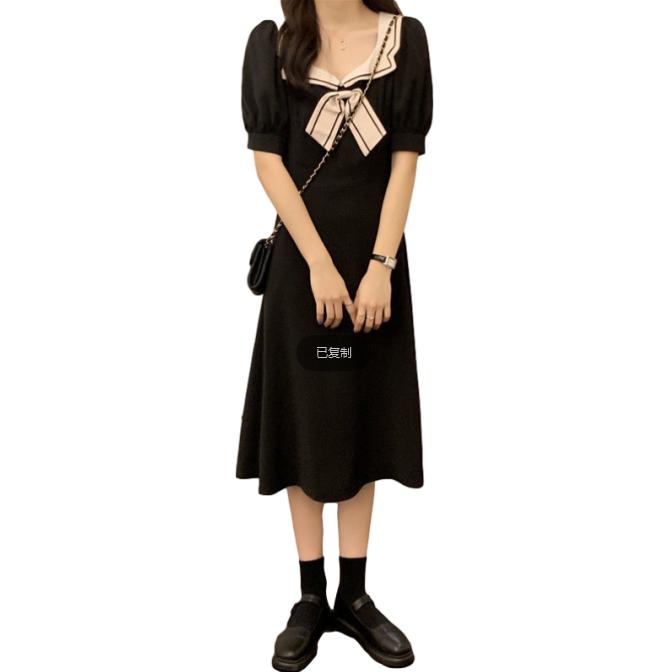 Female Simple Thin Bow Tie Tie High Waist Platycodon Grandiflorum Elegant Bubble Sleeve Dress