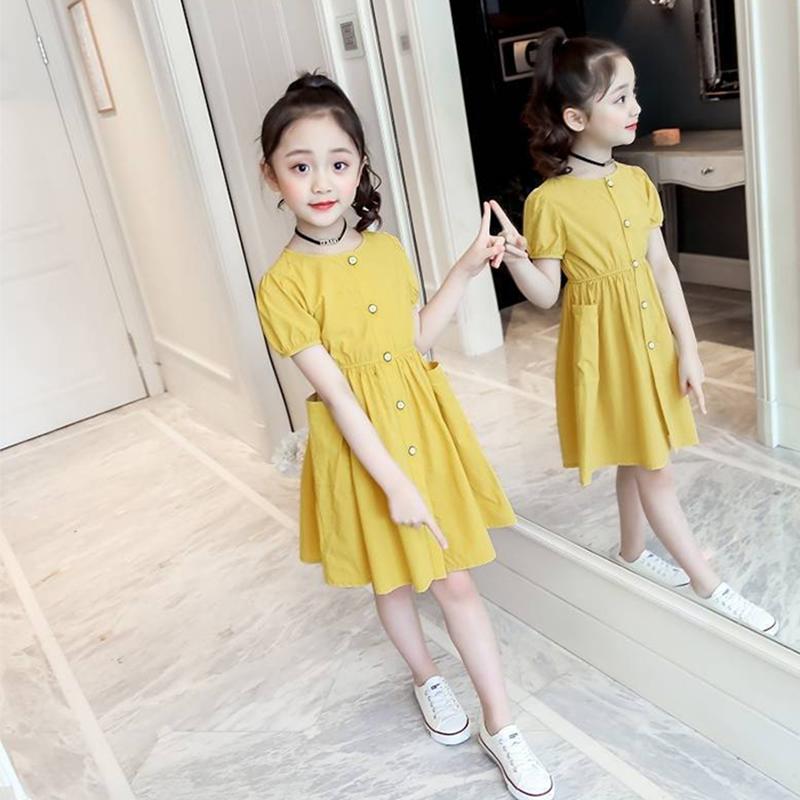 Children Dress Spring Summer O-neck Kids Clothing  Baby Girls Clothing Button Pockets Short Sleeve Dress Girl