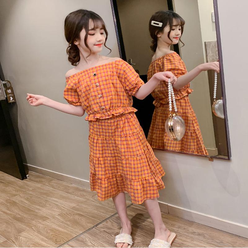 Girls Summer Korean Cake Skirt Suit Girl Western Style Cotton Plaid Short-sleeved Skirt Two-piece