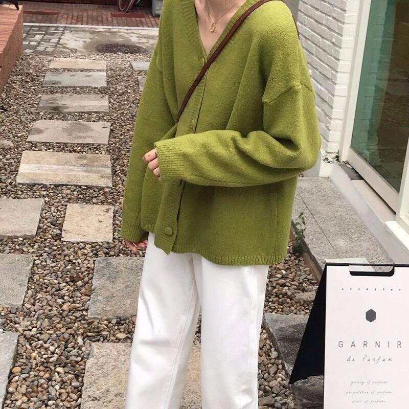 New Korean version of the loose thin long-sleeved avocado green knit sweater cardigan coat female