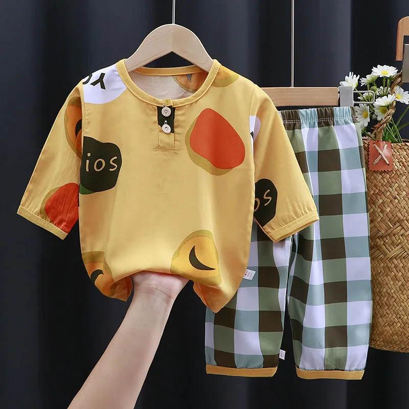 Children's Pajamas Set Thin Boys and Girls Summer Cotton Silk Air-conditioning Clothing Cute Breathable Comfortable Home Clothing