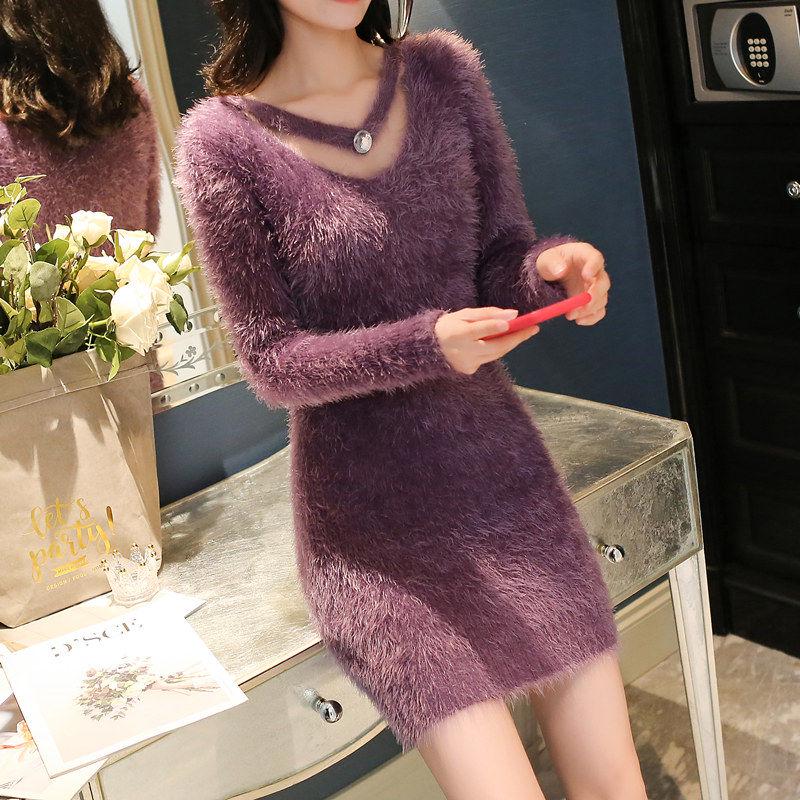 Autumn and Winter Mohair V-neck Sweater Pullover Mid-length Slim Top Solid Color Sexy Female Sweater Dress