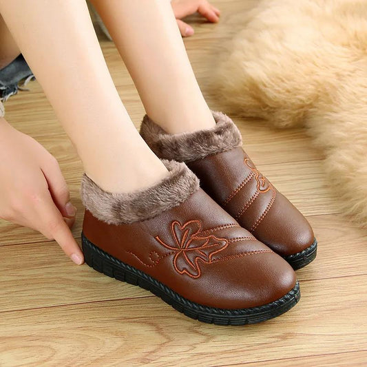 Winter Plus Velvet Leather Embroidered Cotton Shoes Waterproof Non-slip Warm Shoes Flat Bottom Women's Shoes Casual Shoes