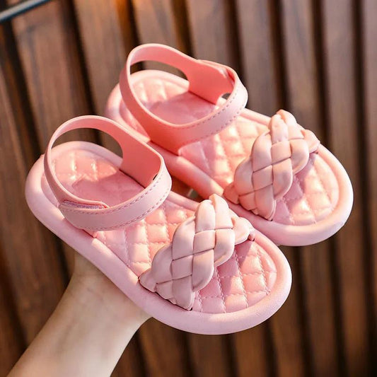 Girls Sandals Girls Summer Soft Sole Flat Beach Sandals Anti-slip Solid Color Casual Princess Sandals