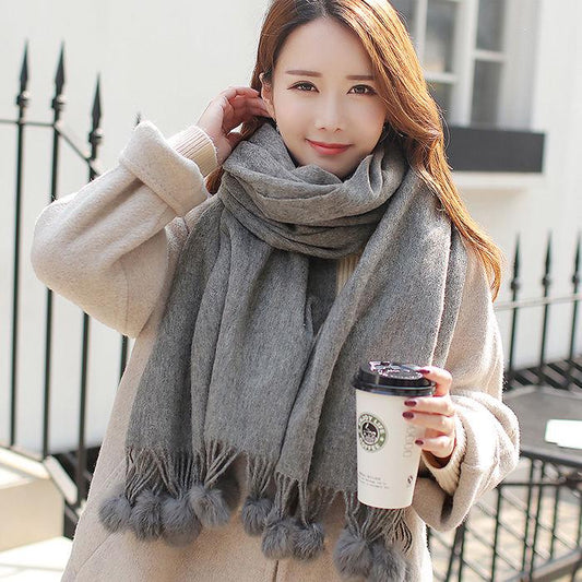 Autumn and Winter Cashmere Warm Scarf Ladies Long Thickened Fur Ball Tassel Scarf Shawl Solid Color