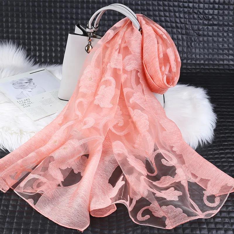 Women's Acrylic Linen Lace Silk Scarf Neck Conver Korean Scarves Long Gauze Scarf Pure Color Auspicious Cloud Embroidery Cut Flower High Quality Shawl