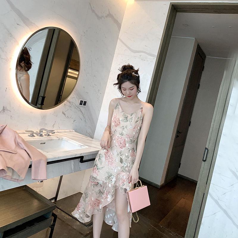 Women Spring Summer Flower Print Dress Sleeveless Suspenders Chiffon Dress Sexy Split Women Dress