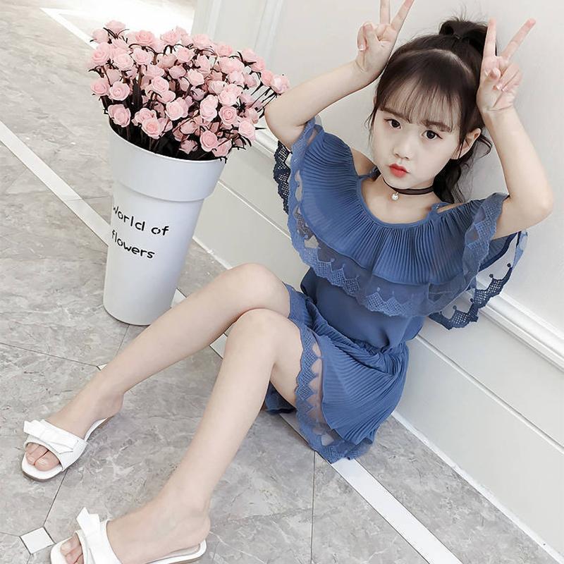 Girls' Summer Shorts Suit Korean Style Summer Children's Suspender One Shoulder Chiffon Two Piece Set Pleated Mesh Solid Color Two-piece Suit